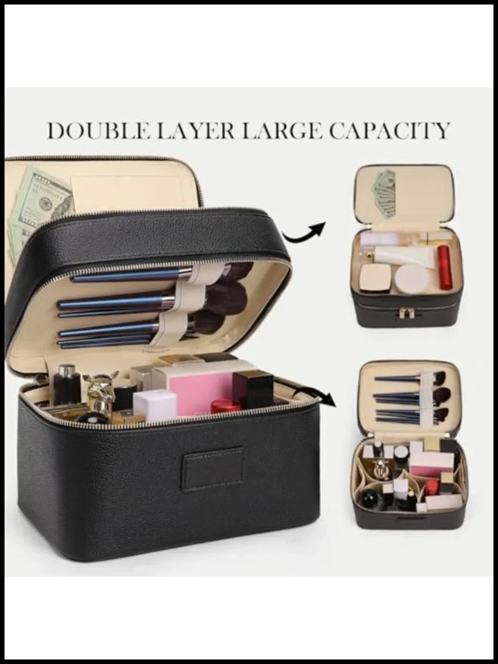 Large Double Layer PU Leather Cosmetic Bag Vanity Case Travel Toiletry Organizer